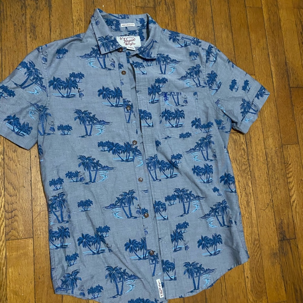 Hawaiian themed button down shirt.